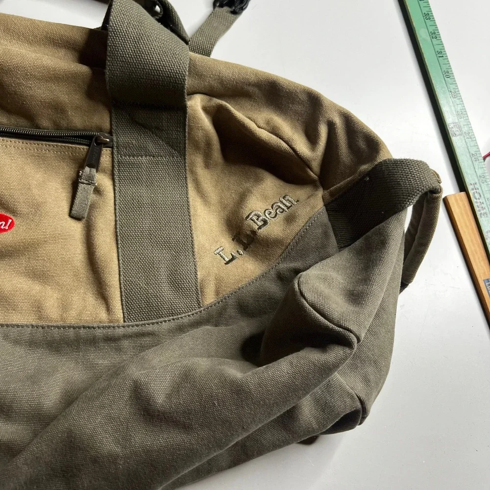 LL Bean Canvas Duffle Bag Khaki Olive Green World Hunger Relief Yum Logo Travel